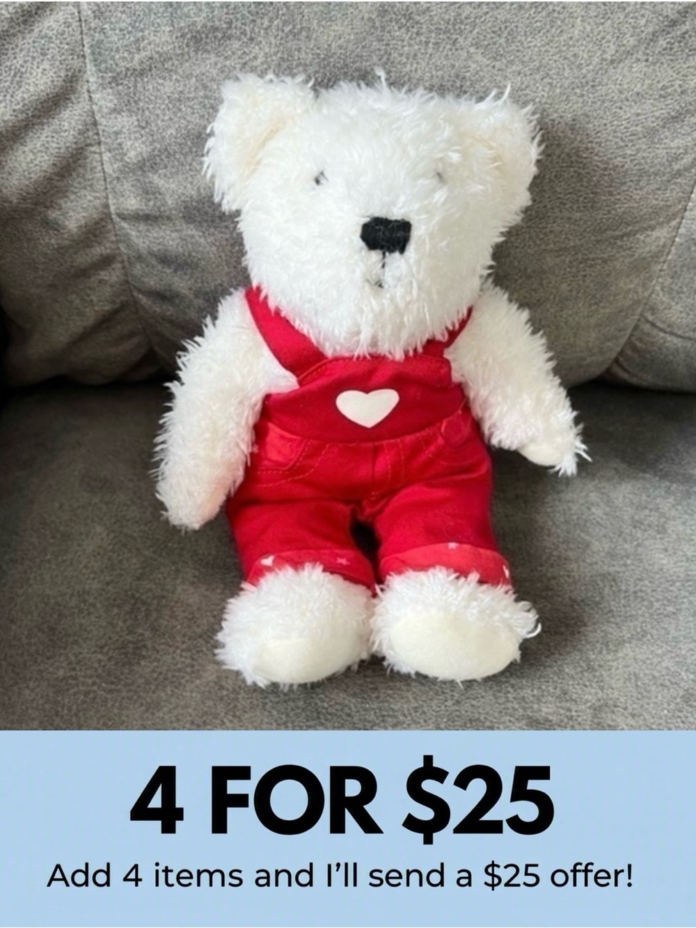 Hallmark Plush White Teddy Bear in Red Coveralls Valentine Day Collectible